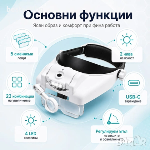 Професионална лупа за глава LED осветеление за четене шиене бродиране, снимка 3 - Други инструменти - 47547374