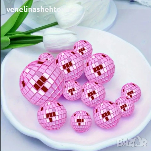 12 броя светло розови огледални диско топки за декорация на торта , снимка 2 - Други - 54010220