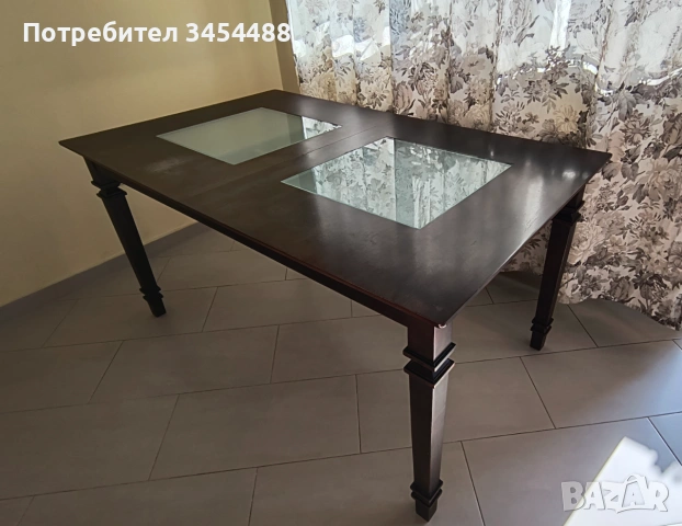 Кухненска/трапезна маса за хранене дърво и стъкло, разтегателна 150(+33)/90/74 см, венге