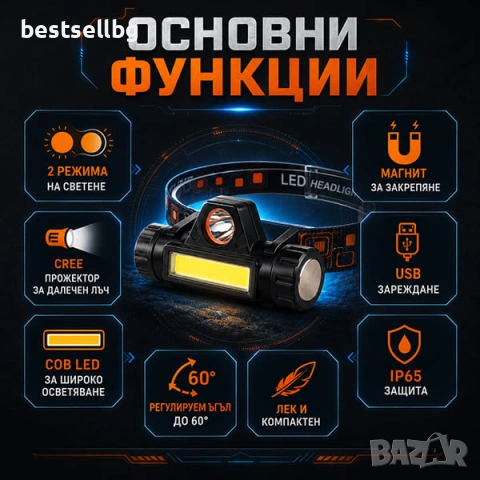 Акумулаторен LED челник фенер глава бягане планина лов риболов каска, снимка 2 - Къмпинг осветление - 29017098
