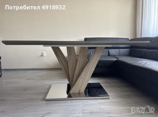 Дизайнерска трапезна маса 160х90см - стъкло, дърво и огледална основа, снимка 5 - Маси - 55664215