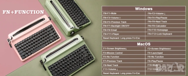 YUNZII QL75 Retro Typewriter Mechanical Keyboard –безжична механична клавиатура в стил пишеща машина, снимка 11 - Клавиатури и мишки - 54556457