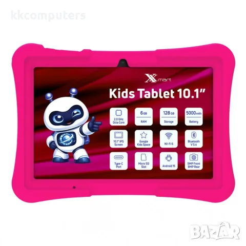 Детски таблет Xmart X10S 10.1" 6/128GB, Wi-Fi 6, С калъф, Android 15 - Розов