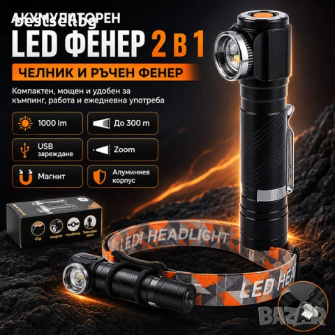 Силен акумулаторен челник LED ръчен фенер за глава къмпинг палакта USB