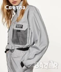 Ново-Bershka, Стрийт стил, к-кт с късо горно.Цвят св.сив,светлоотразително,непромокаем.Р-р XS/S. €38, снимка 3 - Спортни екипи - 54159114