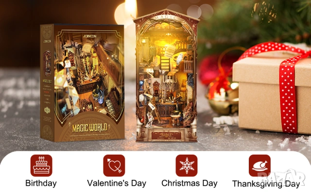3D дървен пъзел с Led осветление DIY Book Nook Kit – Magic World древна вълшебна стая - НОВ, снимка 7 - Игри и пъзели - 54693635