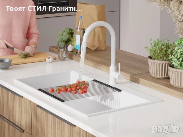 Бяла кухненска гранитна мивка Осло 90 XXL Top 880 x 500 мм, снимка 8 - Мивки - 54700684