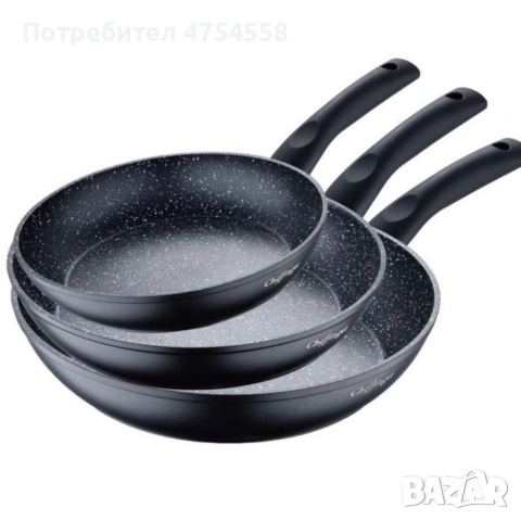 Комплект тигани Cheffinger с мраморно покритие – 3 части за всяка кухня - черен цвят, снимка 4 - Съдове за готвене - 54035543