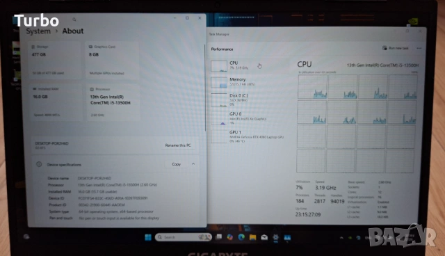 15.6' 144Hz GIGABYTE G5 Core i5-13500H/RTX 4060 8GB/16GB DDR5/512GB/Бат.4ч., снимка 4 - Лаптопи за игри - 54059804