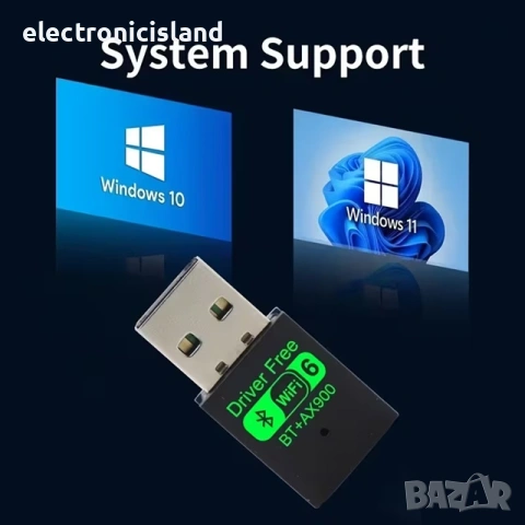 Безжичен адаптер Wifi 6 + Bluetooth 5.4, USB, 900Mbps, 2.4/5.8Ghz за лаптоп, компютър