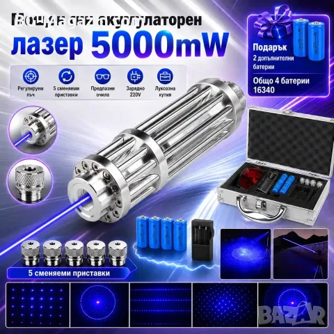 Мощен син акумулаторен лазер 5000mW пойнтер горящ палещ клечка кибрит балон с предпазни очила, снимка 9 - Друга електроника - 51040524