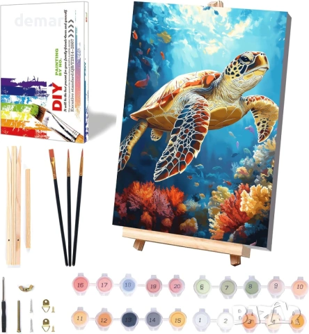 Боядисване по номера с костенурка за възрастни с рамкирано платно и дървен статив, 20х30 см