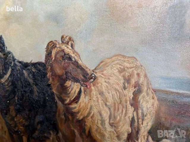 Старинно маслено платно "Руски борзои" – Музеен размер (140х110 см), снимка 10 - Антикварни и старинни предмети - 54930002