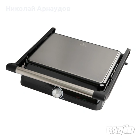 Тостер-сандвич Rosberg R51442M, 2000W, Грил, Незалепващи плочи-29х23 см, Отваряне на 180°C, Инокс/че