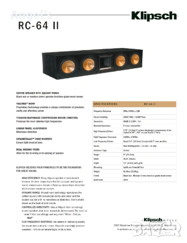 Klipsch Reference RC-64 II   Хай-Енд Център за кино , снимка 3 - Тонколони - 54239289