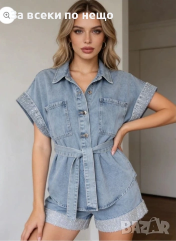 Дамски Дънков Летен Комплект👚🩳Дамски Къс Екип - Различни Цветове Код A1452