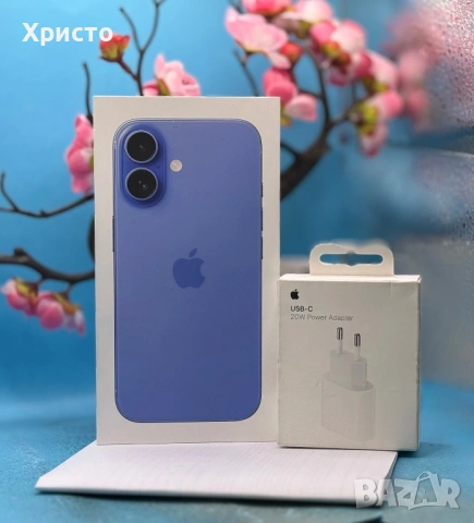 НОВ!!! Apple iPhone 16, 128GB, 5G, Ultramarine + оригинален адаптер Appe