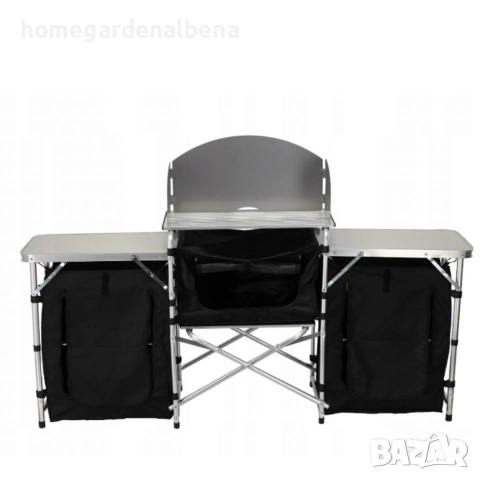 Сгъваема къмпинг кухня с 3 плота – алуминий и MDF, 175 см разгъната, снимка 5 - Къмпинг мебели - 54132576