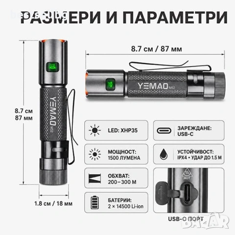 Мощен ръчен фенер 1500 лумена за къмпинг лов риболов туризъм палатка USB-C магнит YEMAO M52, снимка 6 - Къмпинг осветление - 54109837