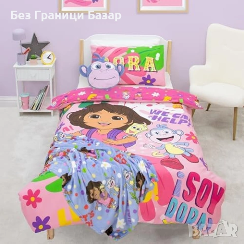 Нов детски Dora The Explorer двулицев спален комплект за единично легло Спално бельо Чаршаф, снимка 2 - Спално бельо - 54566383