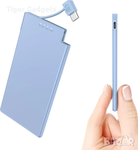 Auskang Ultra Slim Power Bank 5000mAh с вграден USB-C кабел, син