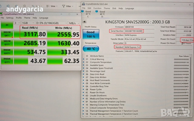 2TB Kingston NV2 SSD M.2 NVMe Gen 4 , 2000GB ссд диск на 118 дни, 100% здраве, снимка 3 - Твърди дискове - 54321623