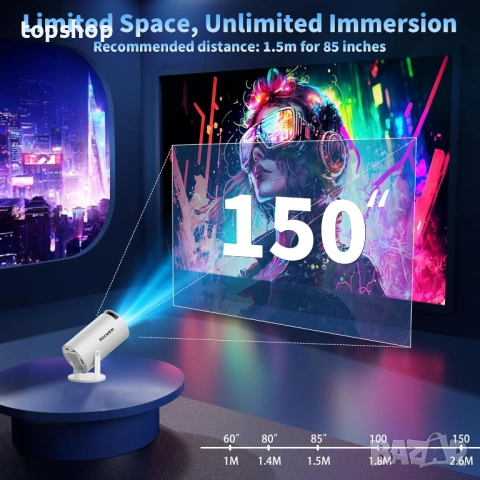 Смарт мини проектор 4K 1080P Full HD с WiFi 6 и Bluetooth (управление с мишка)  , снимка 8 - Плейъри, домашно кино, прожектори - 54878261