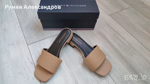 Нови бежови дамски кожени чехли TOMMY HILFIGER FLAT SANDAL EUR38, снимка 10 - Чехли - 55647304