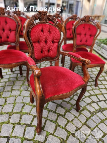Комплект от 6 трапезни стола с червена плюшена дамаска, снимка 7 - Столове - 53983502