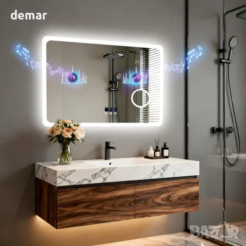 LUVODI Огледало за баня с LED осветление: 800x600 мм стенно огледало с Bluetooth, снимка 2 - Огледала - 55500131