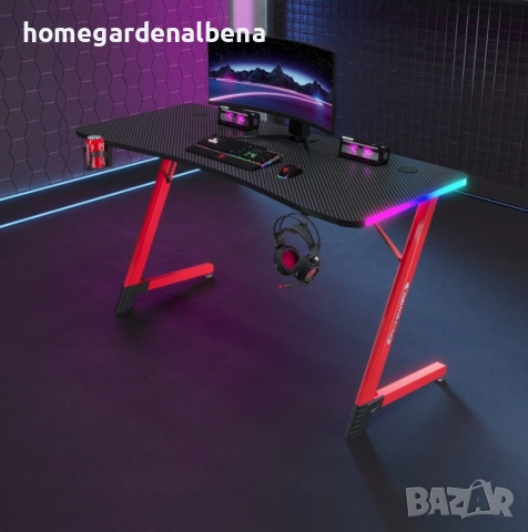 Геймърско бюро 140x60x75 см, RGB LED осветление, карбонов плот, поставка за напитки и слушалки