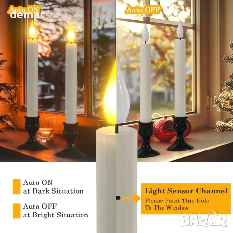 PChero LED конусовидни свещи със сензор от здрач до зори, 10 бр. безпламъчни с батерии, снимка 2 - Свещи и свещници (декоративни) - 55637632