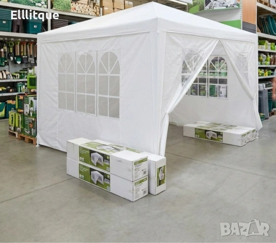 Градинска шатра павилион 3x4x2.5 м бяла – Парти шатра със стени, 4 прозореца и вход с цип