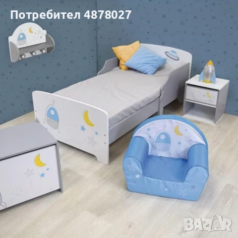 Детско легло Космос 140x70 см с ламелна основа – Бяло легло с пленети, звезди и ракета, снимка 3 - Мебели за детската стая - 55265736