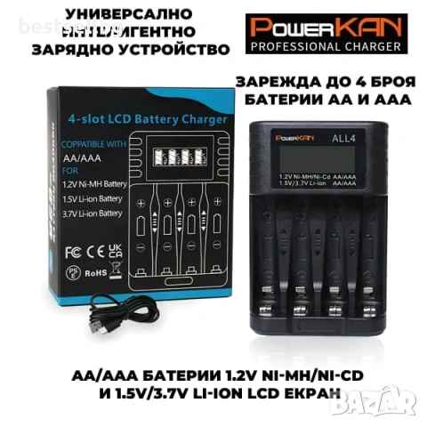Бързо интелигентно зарядно за батерии 18650 16340 14500 26650 3.7V Li-ion AA AAA 1.2V Ni-MH USB C, снимка 4 - Друга електроника - 54367140