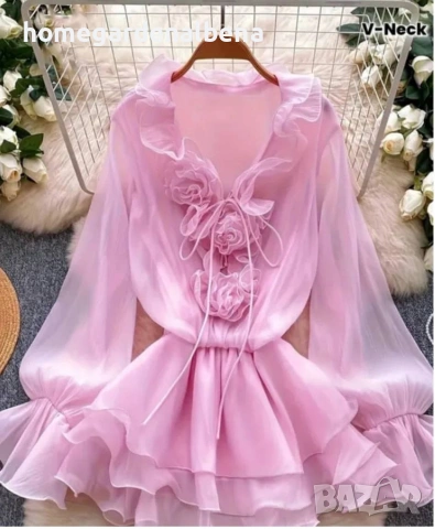 Кокетна шифонена рокличка 3D рози волани V-деколте розова размер M