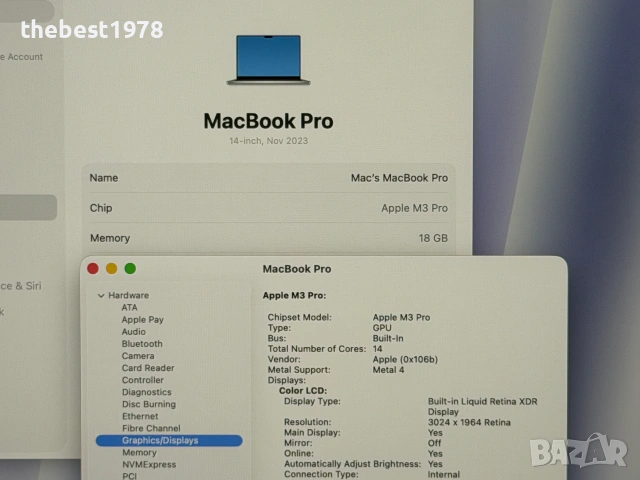MacBook Pro 14`M3 Pro/11 CPU/14 GPU/18GB RAM/512GB SSD/Батерия 100%/Като Нов/Silver, снимка 7 - Лаптопи за работа - 55283584