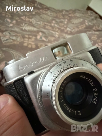 Ретро фотоапарат Beirette Modell 2 с обектив Meritar 2.9/45 и кожен калъф 35мм лента, снимка 5 - Антикварни и старинни предмети - 55142360