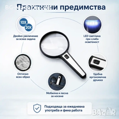 Голяма ръчна лупа 10X с LED осветление за четене стъклена увеличителна мощна дръжка професионална, снимка 6 - Други инструменти - 50919717