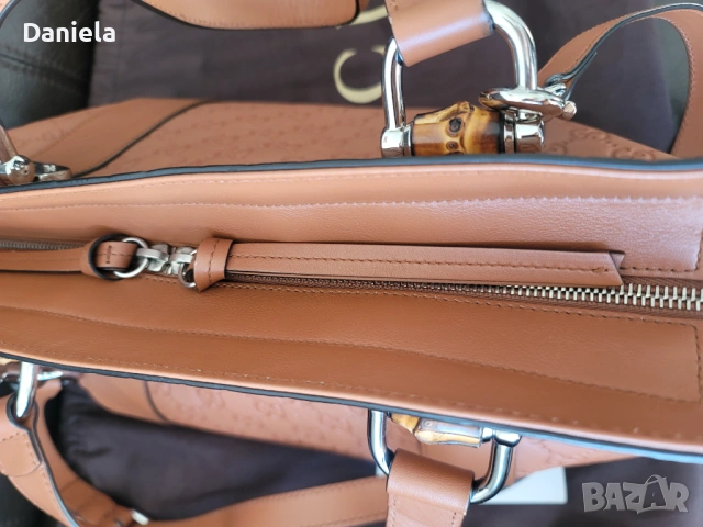 Оригинална дамска кожена чанта Gucci Bamboo Guccissima със сертификат, снимка 6 - Чанти - 54793442
