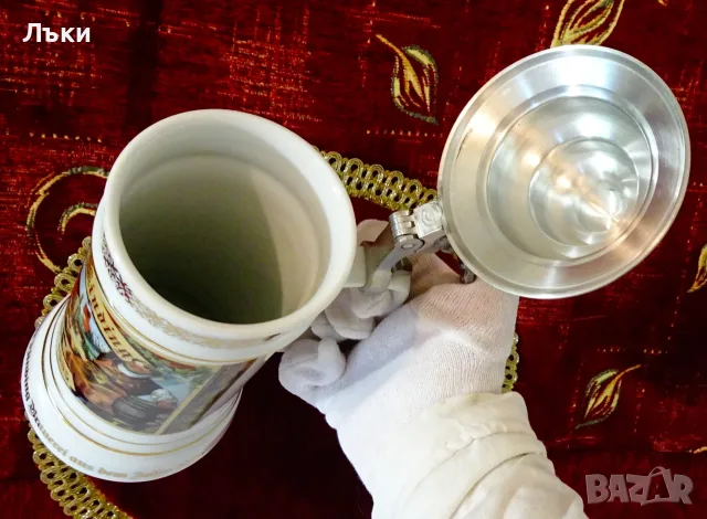 Порцеланова халба с калаен капак,пивоварна Binding. , снимка 7 - Антикварни и старинни предмети - 55436699