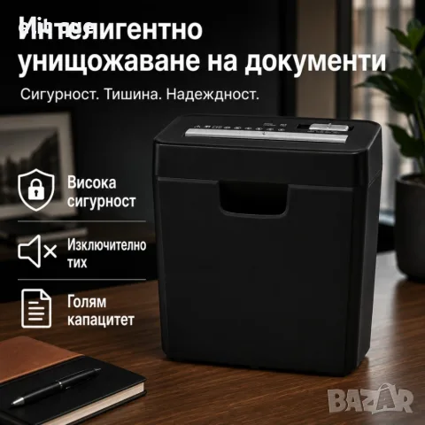 Шредер за документи 6 листа, P-2, 10L контейнер, унищожава кредитни карти, Reverse, защота от прегря, снимка 5 - Принтери, копири, скенери - 55463318