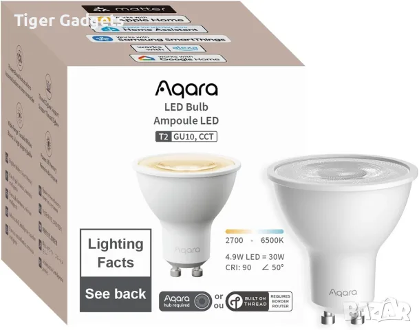 Смарт LED крушка Aqara T2 GU10, 2700K–6500K, Matter, Thread, Zigbee, HomeKit, Alexa