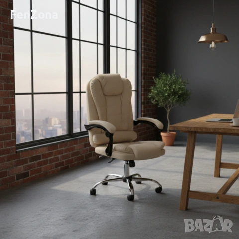 Ергономичен офис стол с лумбална опора от еко кожа в бежов цвят – комфорт за дълги часове без болки, снимка 4 - Столове - 54096636