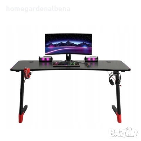 Геймърско бюро 140x60x75 см, RGB LED осветление, карбонов плот, поставка за чаша и слушалки, черно, снимка 3 - Бюра - 54687210
