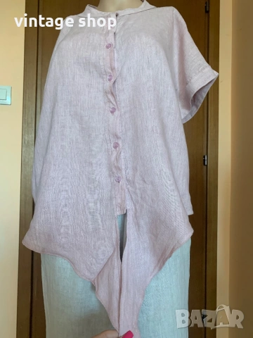Бледорозова ленена риза с удължени краища , снимка 3 - Ризи - 54139161