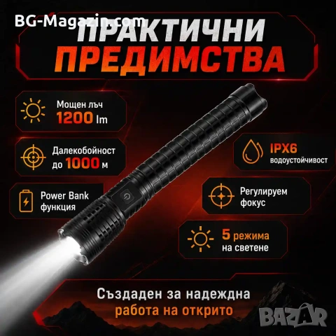 Мощен акумулаторен лазерен LED фенер прожектор Power Bank за лов риболов къмпинг туризъм аварии, снимка 5 - Къмпинг осветление - 51017203