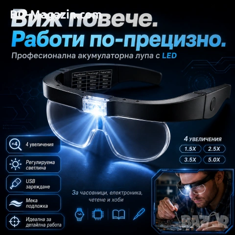 Акумулаторна увеличителна лупа за глава LED осветление очила за четене гоблени бродерия шиене мощна, снимка 8 - Други инструменти - 50919331