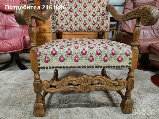 Дъбово кресло с дърворезба и гобленова дамаска , снимка 2 - Дивани и мека мебел - 53950540