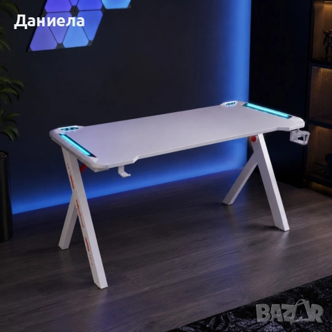 Ергономично геймърско бюро 120 см, бяло – С LED светлини, поставка за чаша и кука за слушалки